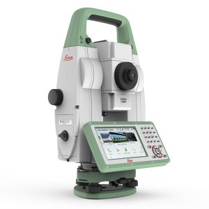 A Leica TS13 Robotic Total Stations with a tablet on top of it.
