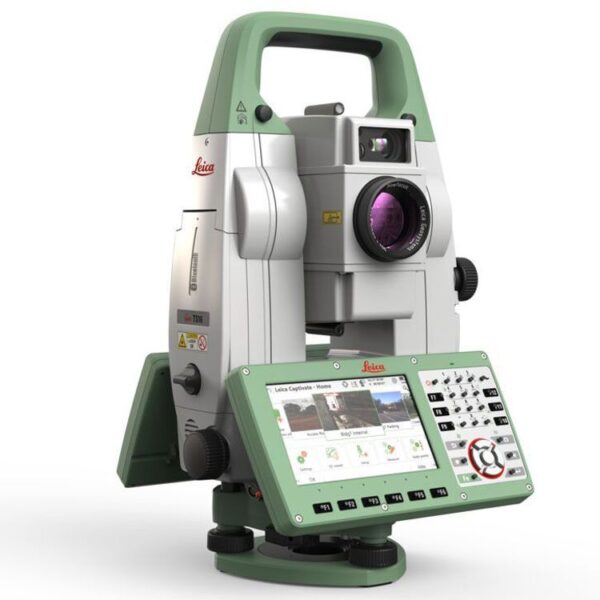 An image of a Leica TS16 I / P Robotic Total Station with a tablet on top of it.