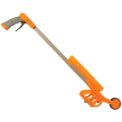 Orange measuring wheel with handle and wheel.