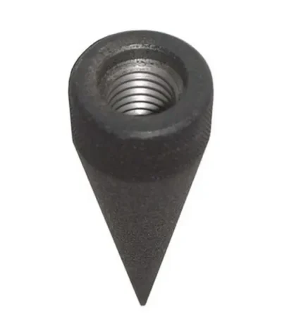 Cone-shaped metal tool with threaded opening.