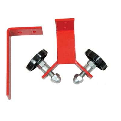 Red metal bracket with adjustable bolts.