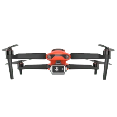 Orange drone with camera, front view.