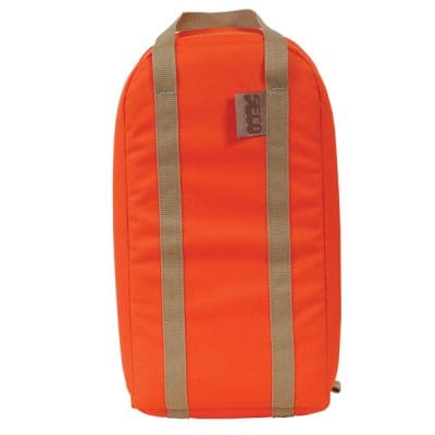 Orange duffel bag with beige straps.