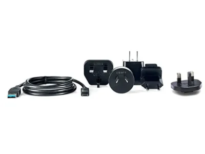 Power adapters and cable set on display.