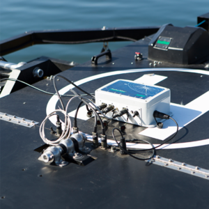A boat with the AutoNav / AutoNav Plus G2 Autonomous upgrade for Seafloor Systems Hydrone on it.
