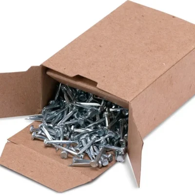 A box full of Galvanized Stake Tacks -1 lb Box in a cardboard box.