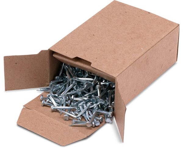 A box full of Galvanized Stake Tacks -1 lb Box in a cardboard box.