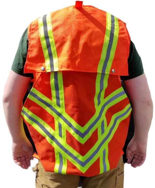 The back of a man wearing a KR Rainier Vest - Class 2 - Safety Orange.