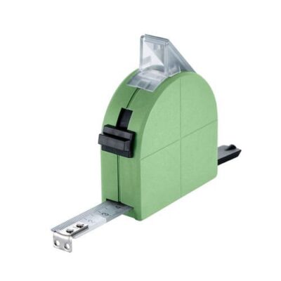 Green tape measure with retractable metal tape.