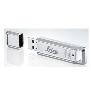 A silver Leica MS256 Industrial USB Stick 256GB 842065 with a logo on it.