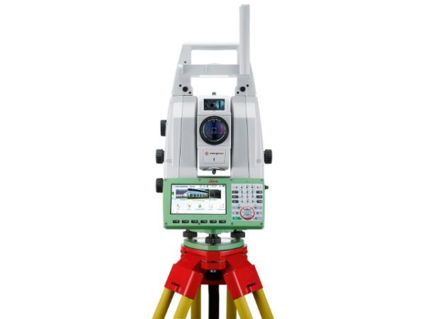 A surveyor with a Leica MS60 Nova MultiStation on top of a white background.