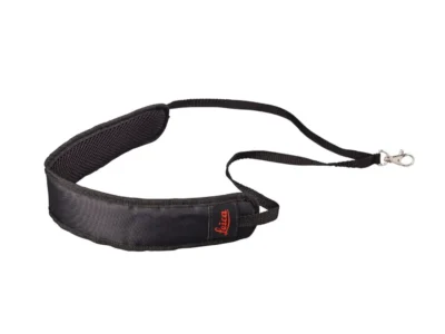 Black camera strap with padded section.