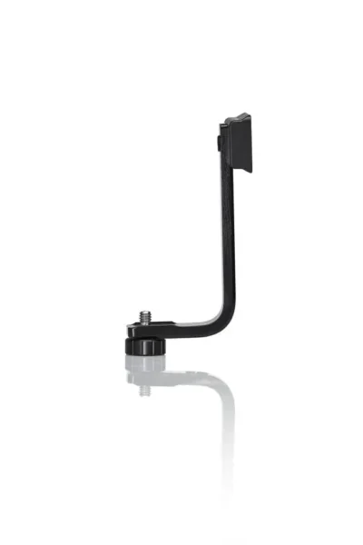 Black metal camera bracket on white background.