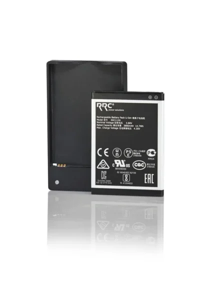 Rechargeable battery with protective cover, white background.