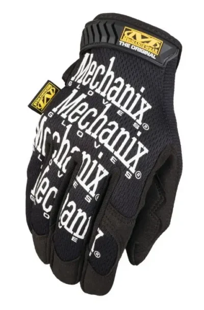 Black Mechanix gloves with white text design.