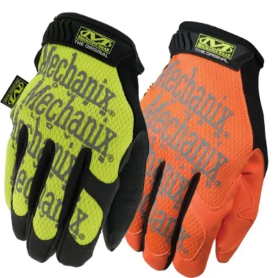 Yellow and orange Mechanix gloves, black trim.