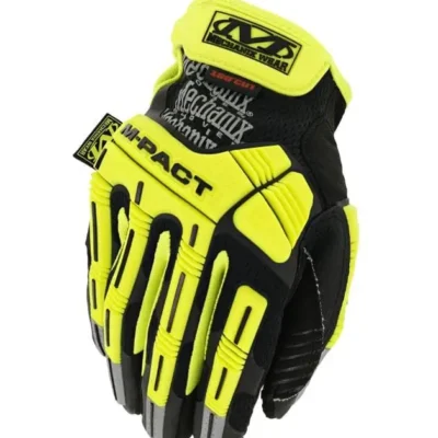 Yellow and black protective glove on display.