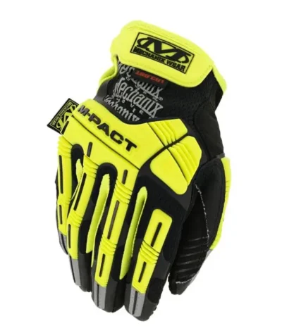 Yellow and black protective glove on display.