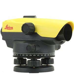 A yellow and black Leica NA500 Series 20X Automatic Level on top of a white background.