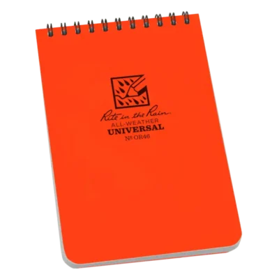 Orange spiral-bound all-weather notebook.