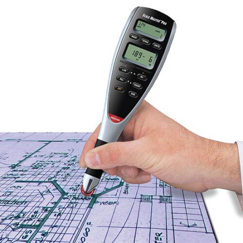 Hand using digital measuring tool on blueprint.