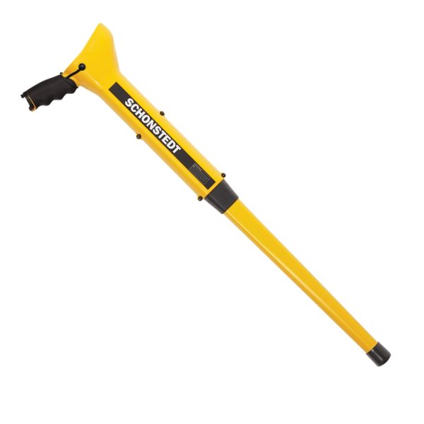 A yellow Schonstedt "Maggie" Magnetic Locator with a black handle on a white background.