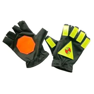 Black gloves with reflective patches and symbols.