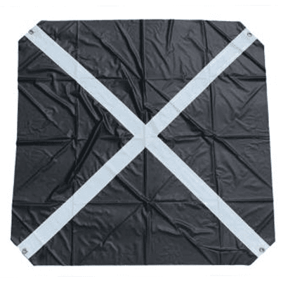 Black tarp with white cross pattern.