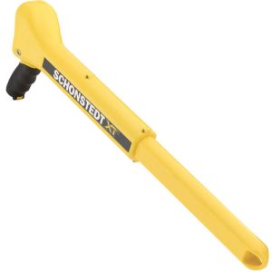 A yellow Schonstedt GA-92XTd Magnetic Locator with a black handle on a white background.