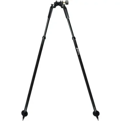 Black tripod with extended legs on display.