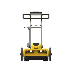 A yellow and black wheeled machine on a white background.