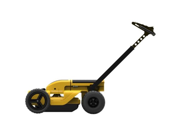 A yellow lawnmower with black wheels.