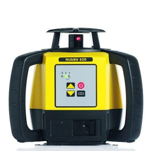 A Leica Rugby 620 Rotating Laser Level Package on a white background.