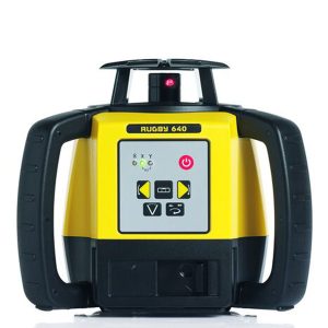 A Leica Rugby 640 Rotating Laser Level Package on a white background.