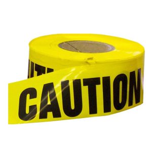 Yellow "Caution" Barricade Tape on a white background.