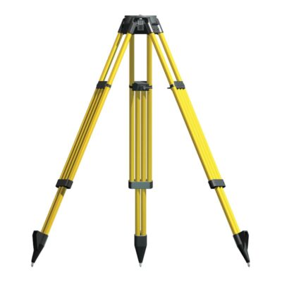 Yellow surveyor tripod with adjustable legs.