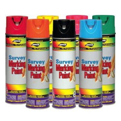 Colorful survey marking paint spray cans.