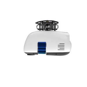 A white and blue Microdrone Payload mdLiDAR1000HR aaS on a white background.