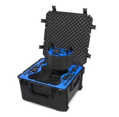 Open black protective case with foam inserts.