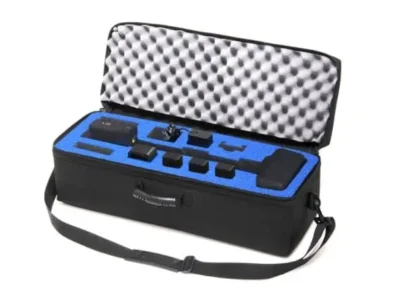 Camera accessories in black carrying case.