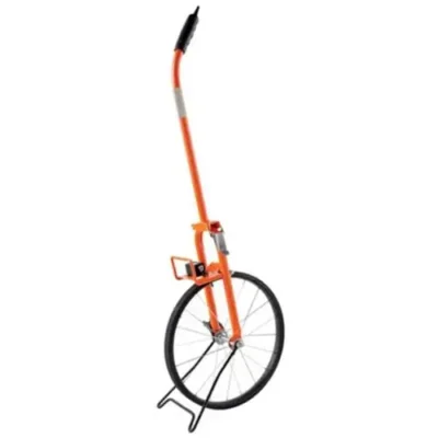 Orange measuring wheel with black handle.