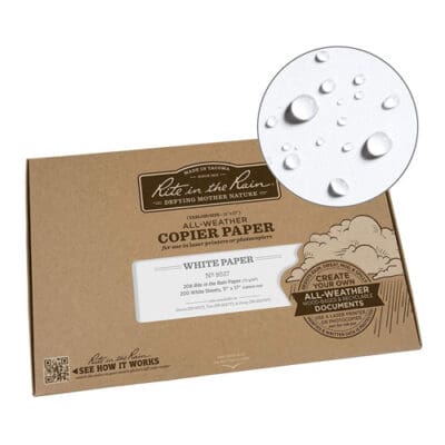 All-weather copier paper packaging with water droplets.
