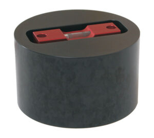 Red level tool in a black circular holder.