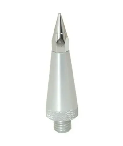 Metallic cone-shaped nozzle with threaded base.
