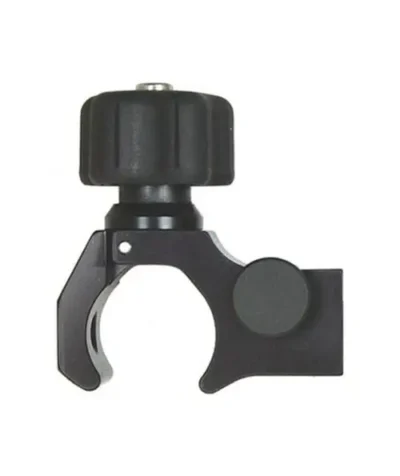 Black adjustable clamp for mounting accessories.