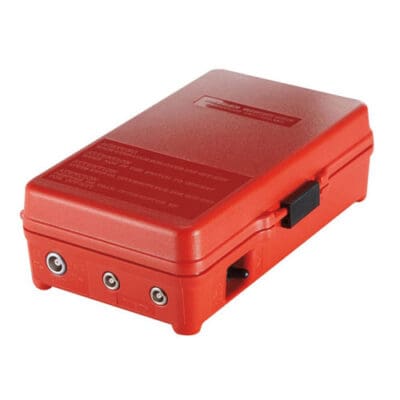 Red electronic device with connectors on side.