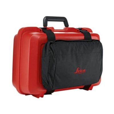 Red camera case with black shoulder bag.
