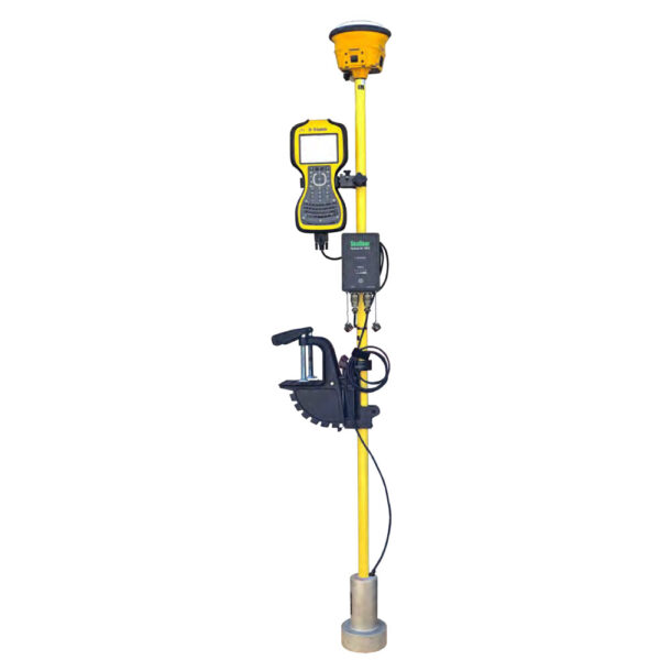 A yellow pole with a Seafloor Hydrolite TM Plus Echosounder Kit attached to it.