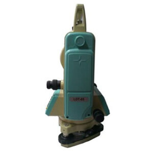 A green and blue surveying machine on a white background.