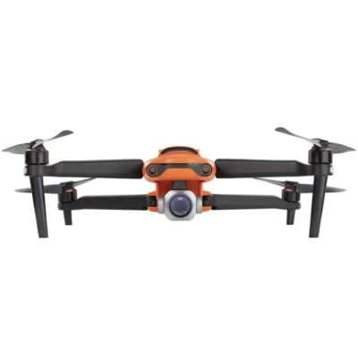 Orange drone with camera, front view.
